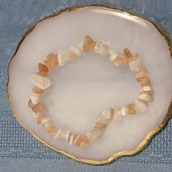 Peach Moonstone Chip Bracelet | Natural Gemstone Stretch Boho Healing Jewelry - Picture 2 of 7